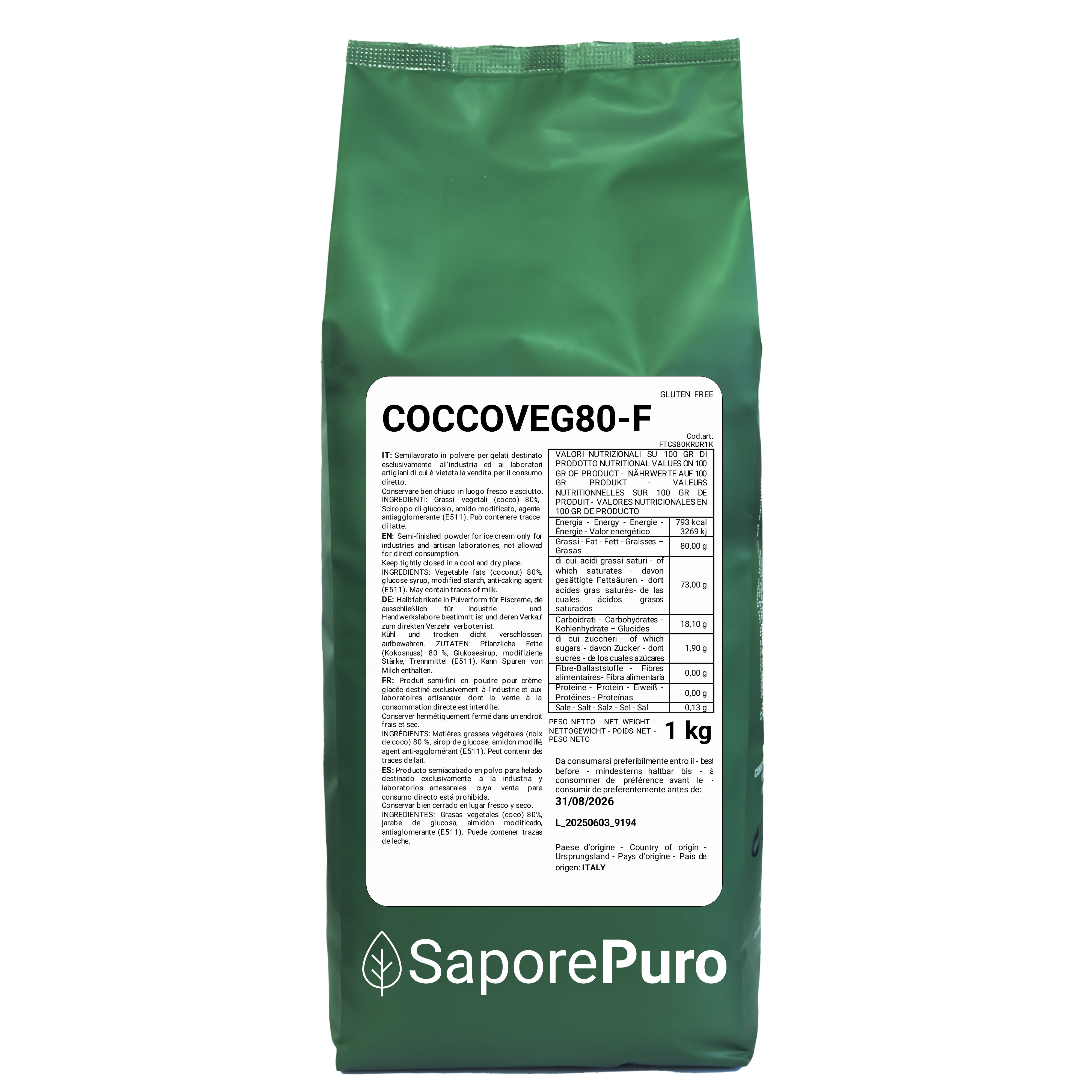Kokosfett 80% Pulver - 1kg - Vegan, ohne Emulgatoren - Für Eiscreme und Gebäckzubereitungen - SaporePuro
